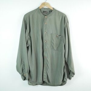 Vintage 90s XL Olive Green Rayon Band Collar Button Down Shirt Normcore Dad